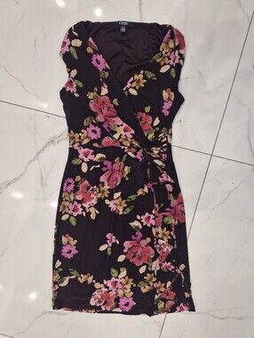 Chaps Black Floral Wrap Dress with Pink and Green Accents
